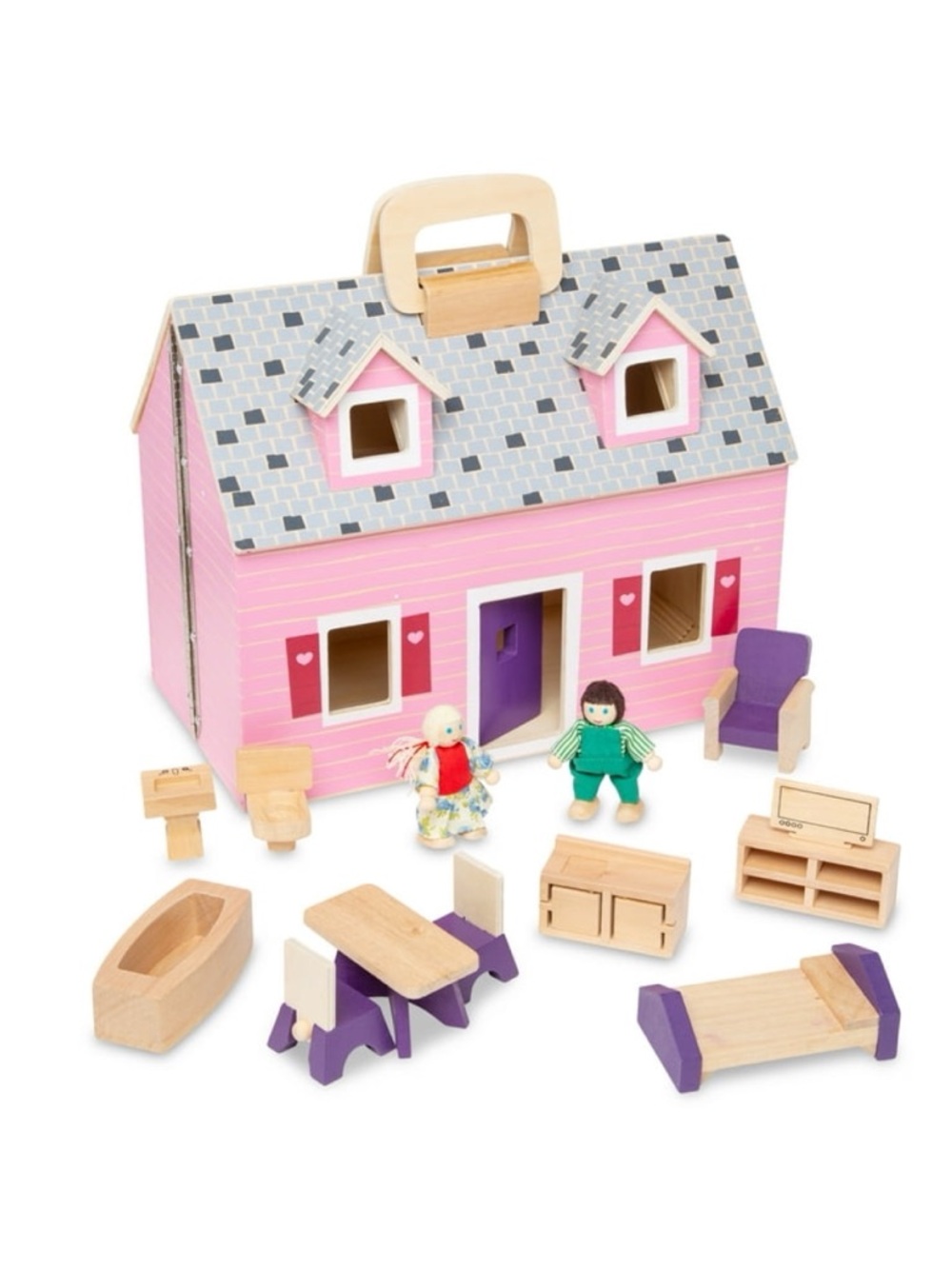 Melissa and Dough Fold And Go Pink Wooden Dollhouse Playset with Play Furniture